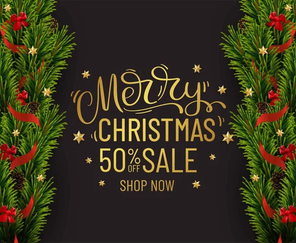 Mutlu noel indirimi afişleri. Altın süslemeli Noel ağacı sınırı. İş ilanı.