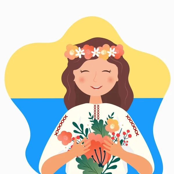 Ukraińska Dziewczyna Stroju Ludowym Kwiatami Wieniec Flaga Narodowa Ukrainy Happy — Wektor stockowy