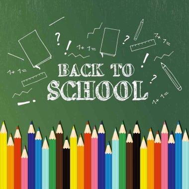 Okula tekrar hoş geldin. Renkli kalemlerle vektör posteri ve çizim cümlesi ve yeşil arkaplana karalama