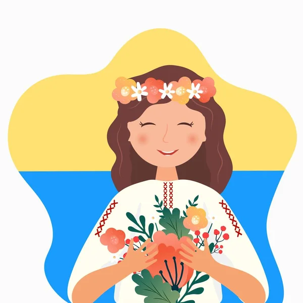 Ukrainian Girl Girl Folk Costume Flowers Wreath National Flag Ukraine — Stock Vector