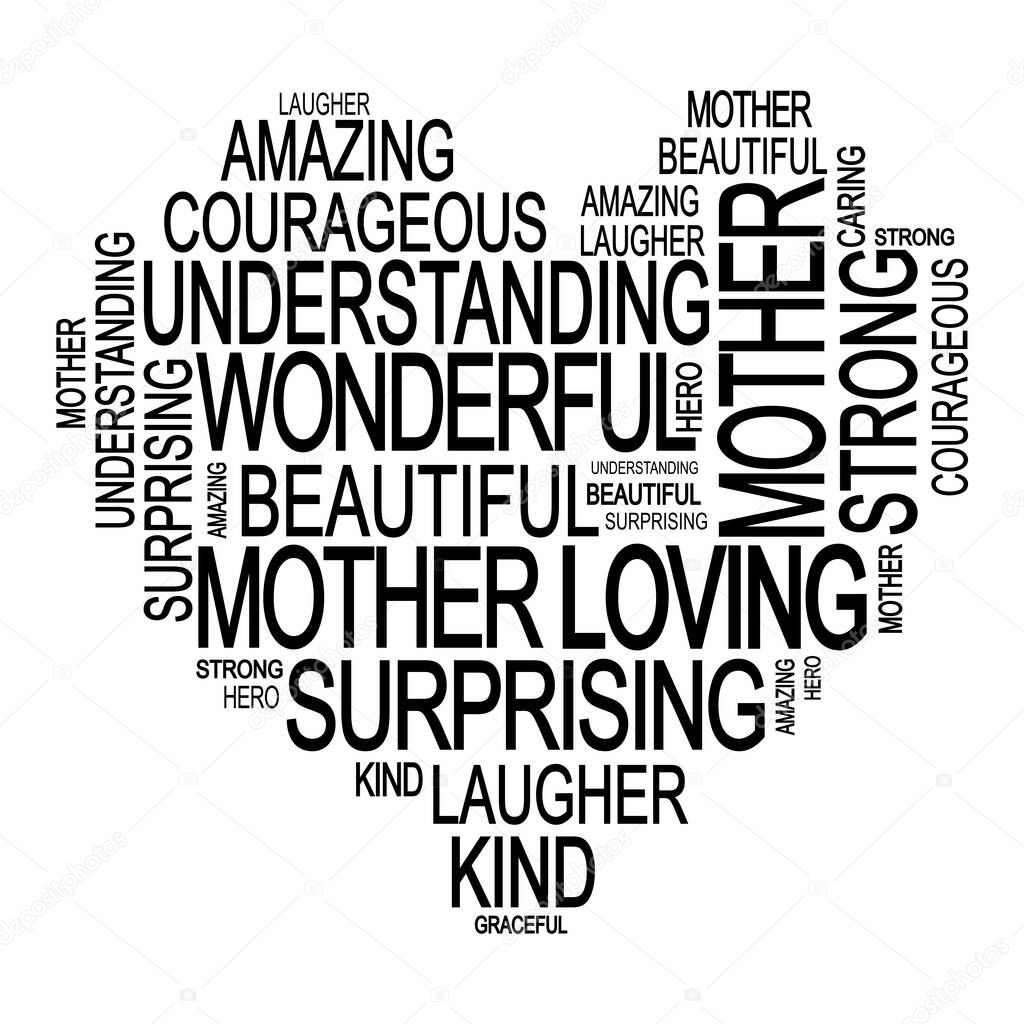 Mother's day illustration. Tags cloud with words about mother