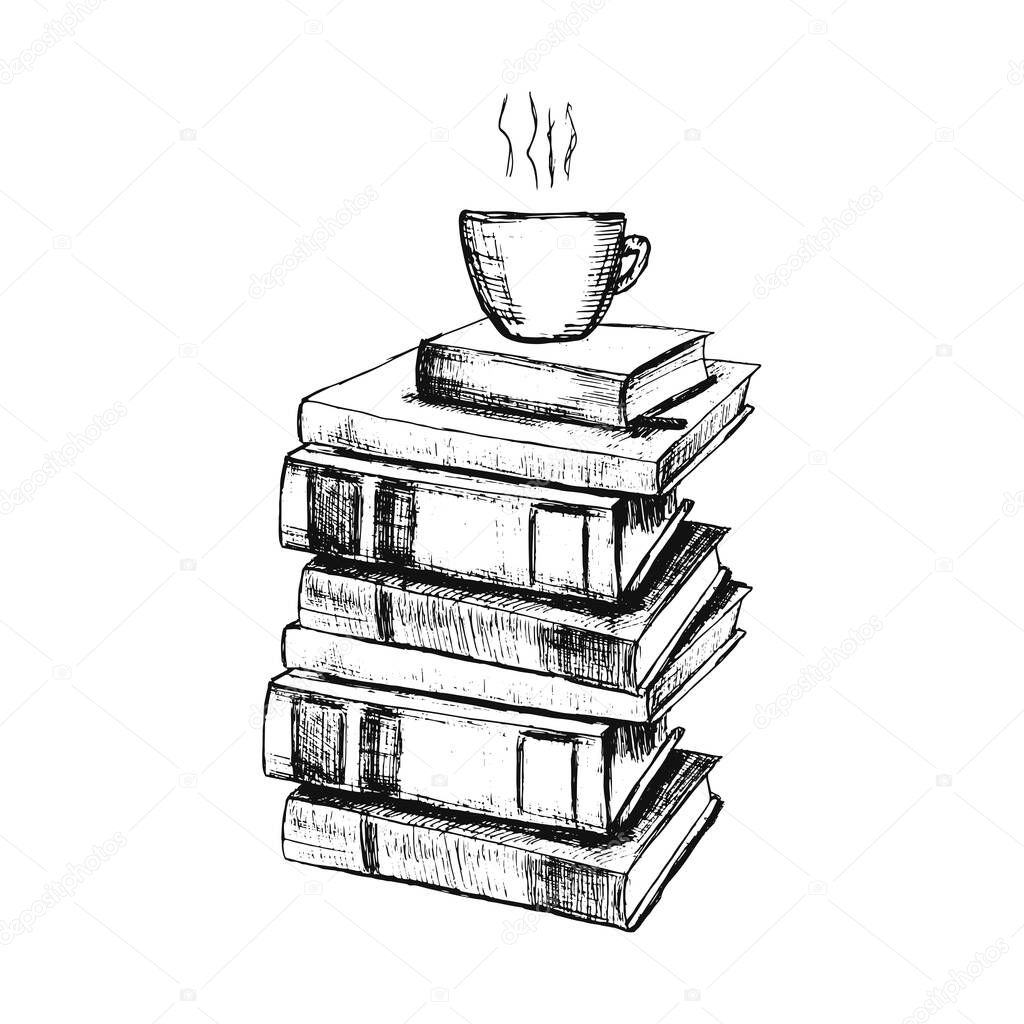 Vector sketch drawing illustration with books and cup of coffee