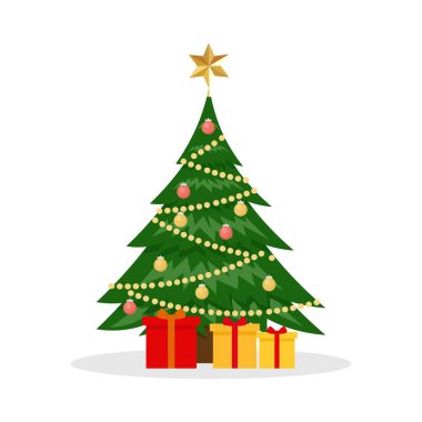 - Mutlu yıllar. Noel ağacı, süslemeler, hediye kutuları ve kar yağışlı Noel tebrik kartı. Tatil posteri, kart, afiş