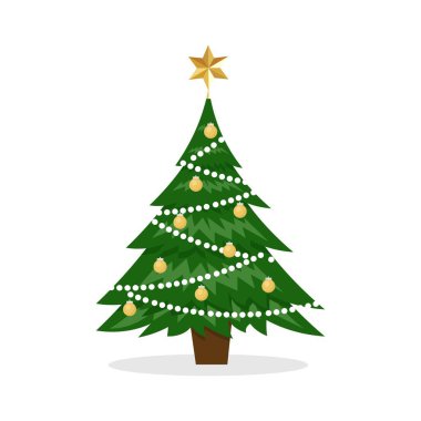 Noel ağacı ve süslemeleri olan vektör Noel kartı. Tatil posteri, kart, afiş. Mutlu yıllar..