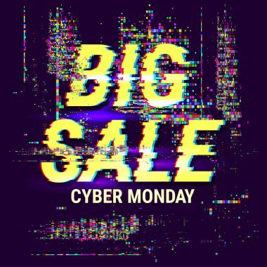 Siber pazartesi indirimi afişi. Arıza efektli illüstrasyon teklif et