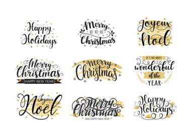 Yılbaşı mektuplarının vektör seti. Noel ve yeni yıl tebrik kartı için tatil alıntıları