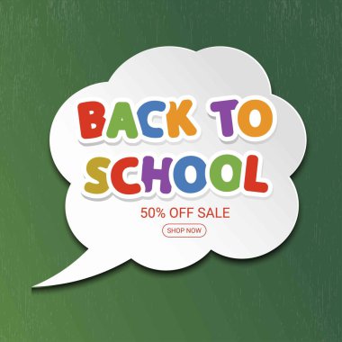 Gri konuşma baloncuğuyla okul satışı afişine geri dönüyoruz. Eğitim illüstrasyonu