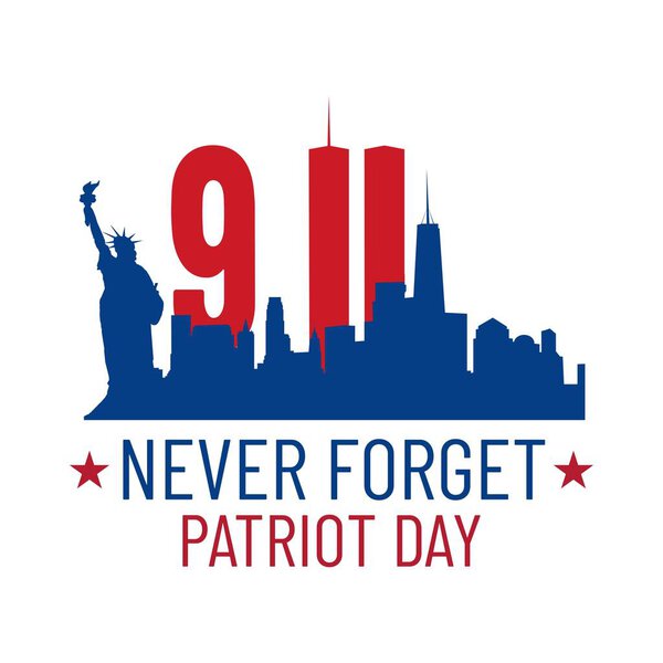 Иллюстрация Дня патриота. Мы забудем о событиях 11 сентября. 11 сентября, день памяти. Векторная патриотическая иллюстрация с американским флагом и Нью-Йорком