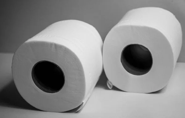 Beyaz Arka Planda Iki Tuvalet Kağıdı Rulosunun Yakın Çekimi — Stok fotoğraf