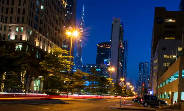 Ljusspår Vägen Till Dubai Financial Center Adress Sky View Och — Stockfoto