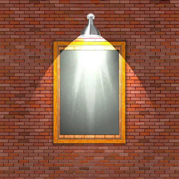 Board on a brick wall lighting — Stock Vector