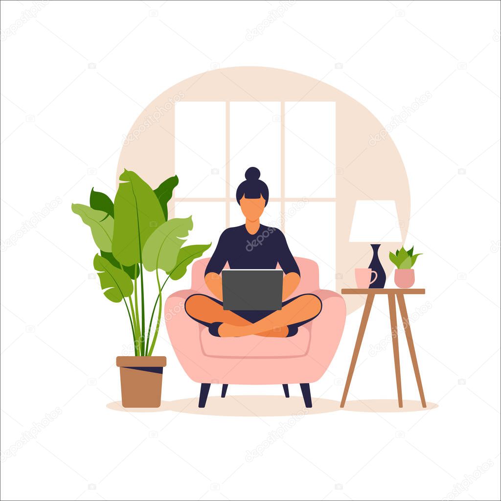 Woman sitting on sofa with laptop. Working on a computer. Freelance, online education or social media concept. Working from home, remote job. Flat style. Vector illustration.