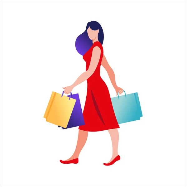 Junge Frau mit Papiertüten beim Einkaufen. Konzept des Online- und Offline-Shoppings. Vektorillustration im flachen Stil. — Stockvektor