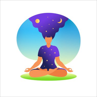 Kadın meditasyon yapıyor ve saçlarını topluyor. Meditasyon konsepti. Lotus pozisyonunda oturmuş meditasyon yapan bir kadın. Lotus pozisyonunda. Düz biçimli vektör illüstrasyonu.