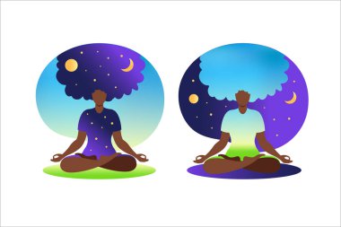 Afrikalı bir kadın meditasyon yapıyor ve saçlarını topluyor. Meditasyon konsepti. Lotus pozisyonunda oturmuş meditasyon yapan bir kadın. Lotus pozisyonunda. Düz biçimli vektör illüstrasyonu.