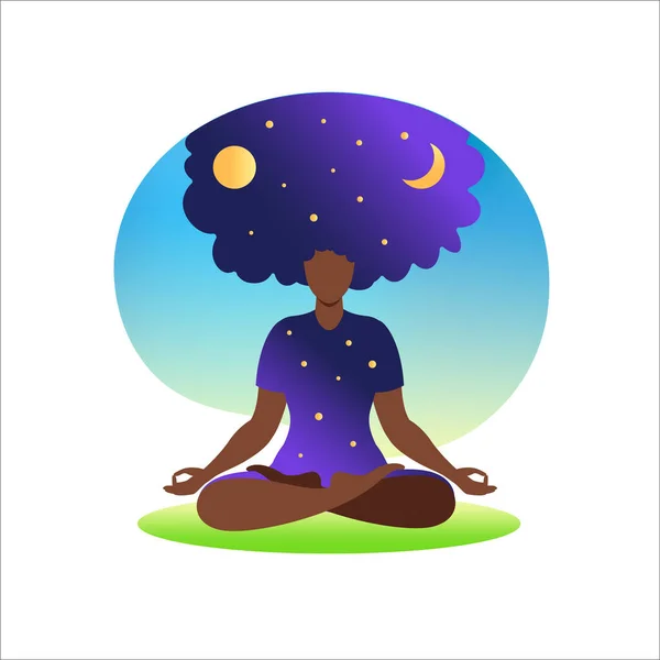 Mujer africana meditando con el fondo de la naturaleza y el pelo levantado. Concepto de meditación. Mujer sentada en posición de loto practicando meditación. en pose de loto. Ilustración vectorial en estilo plano . — Vector de stock