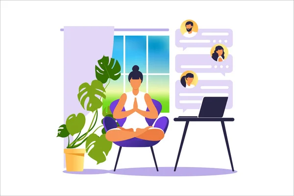 Concepto freelancer mujer practicando yoga y meditación en casa. La niña se sienta en la posición de loto, el proceso de pensamiento, el inicio y la búsqueda de ideas. Gestión del tiempo. Ilustración vectorial . — Archivo Imágenes Vectoriales