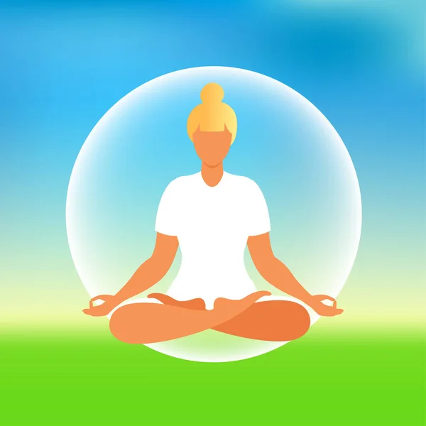 Mujer meditando sobre el fondo de la naturaleza. Concepto de meditación. Mujer sentada en posición de loto practicando meditación. Ilustración vectorial en estilo plano. — Vector de stock