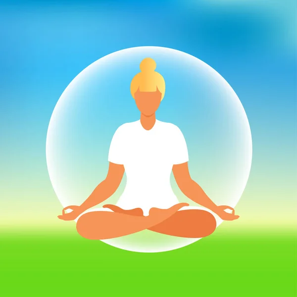 Mujer meditando sobre el fondo de la naturaleza. Concepto de meditación. Mujer sentada en posición de loto practicando meditación. Ilustración vectorial en estilo plano. — Archivo Imágenes Vectoriales