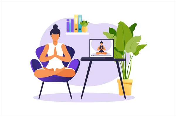 Concepto de yoga en línea con una mujer sana haciendo ejercicio de yoga en casa con un instructor en línea. Bienestar y estilo de vida saludable en casa. Mujer haciendo ejercicios de yoga. Ilustración vectorial. — Vector de stock