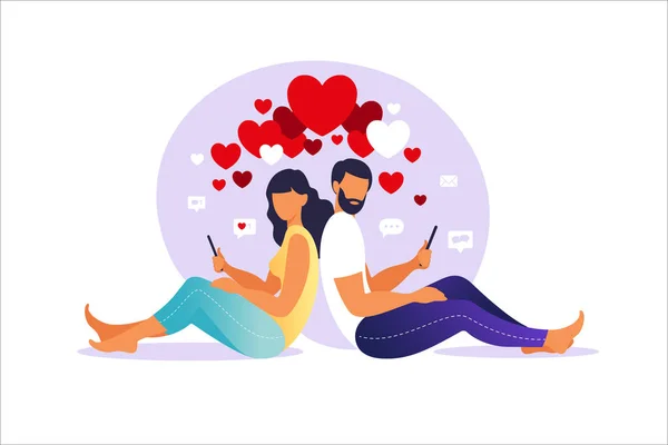 Virtuální vztahy. Online randění. Muž a žena zamilovaní. Pár sedících od hlavy k patě s chytrými telefony. Vektorová ilustrace, plochý styl. — Stockový vektor