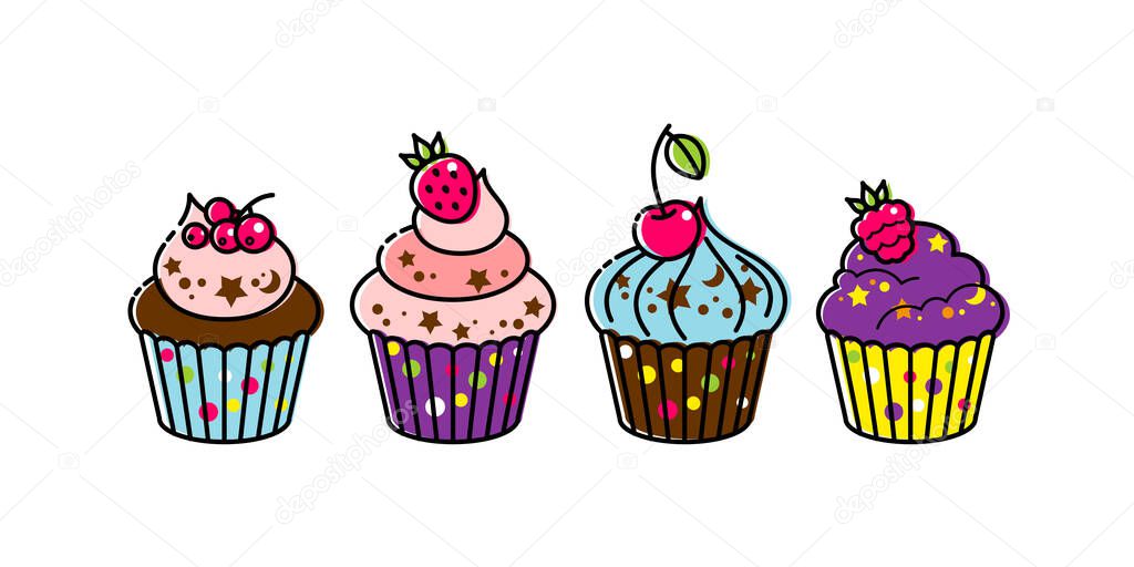 Icon cupcake with berries on a white background. Cupcake in flat style. Vector illustration.