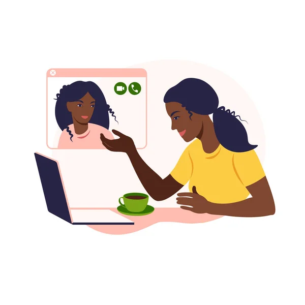 African girl friends chat online. Girl sitting in a chair in front of a laptop and speaks with friend. Video conference, online chat concept. Working or online meeting from home. Vector illustration. — Stock Vector