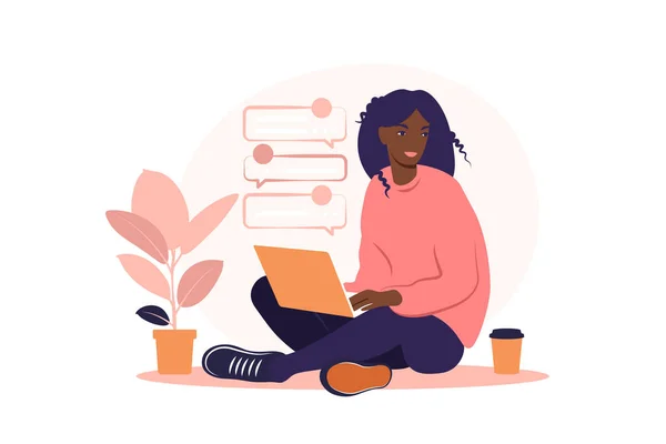 African woman sitting with laptop. Concept illustration for working, studying, education, work from home, healthy lifestyle. Can use for backgrounds, infographics, hero images. Flat. Vector. — Stock Vector