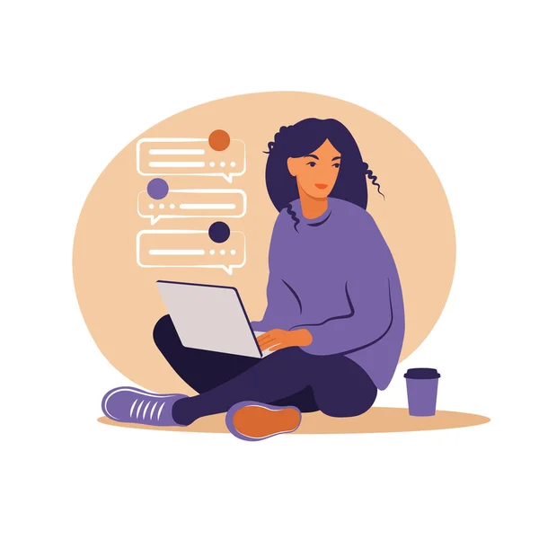 Femme assise avec un ordinateur portable. Illustration conceptuelle pour le travail, les études, l'éducation, le travail à domicile, un mode de vie sain. Peut être utilisé pour les arrière-plans, infographies, images de héros. Plat. Illustration vectorielle. — Image vectorielle