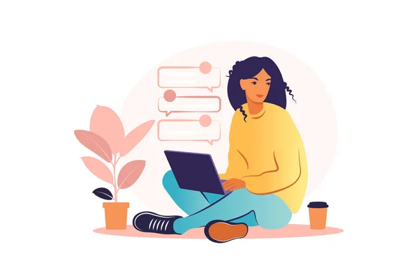 Mujer Sentada Con Laptop Ilustración Conceptual Para Trabajar Estudiar Educar — Vector de stock