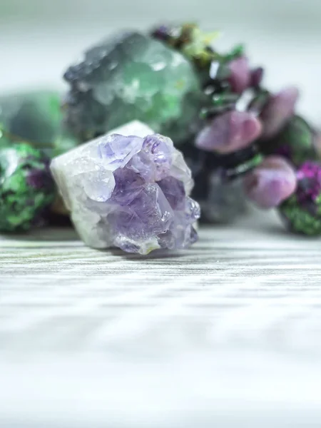 Macro of mineral stone. Natural gemstones. Gemstones are full of healing energy and good vibes. Selective focus, copy space.