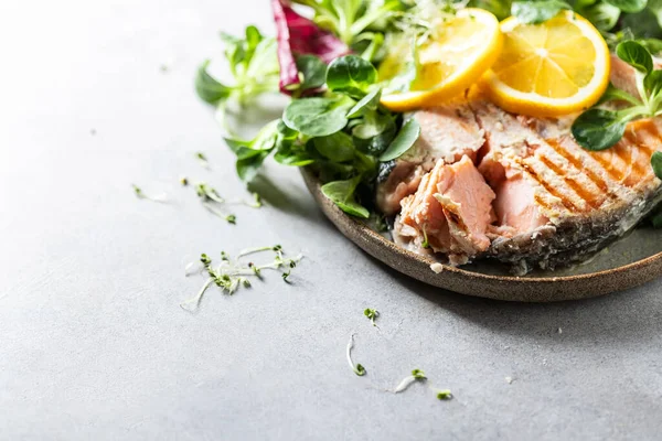 Steak Trout fillet, salmon cooked in a sous-vide bag. New technology cuisine. Selective focus, copy space