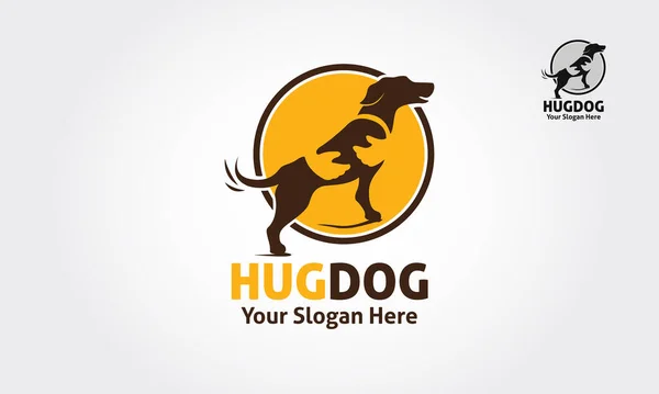 Hug Dog Vector Logo Çizimi. Vücudunda leke olan bir köpek silueti. Ama leke, köpeği tutan bir insan eli olabilir. Evcil hayvan logosu, veteriner ya da köpek sever logosu için iyidir..