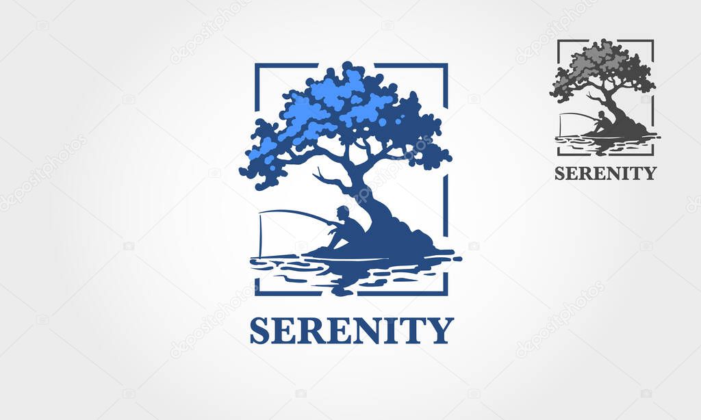 Serenity Vector Logo Template. This logo illustration depicts someone who is fishing under a tree by the lake to find peace.