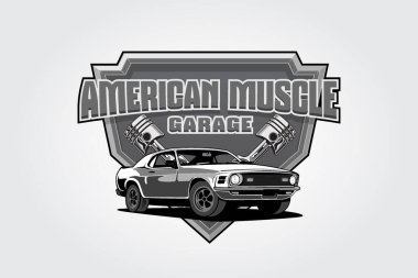 Spor salonu / klüp için American Muscle Garage Vector Logo Şablonu, kıyafet tasarımı ve daha fazlası. Mükemmel tasarım, klasik tarz, iyi görünümlü ve yüksek kalite. Siyah beyaz sürüm logosu.