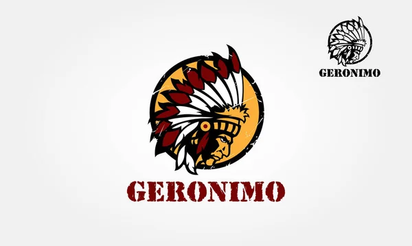 Geronimo Vektör Logosu Çizimi. İzole edilmiş beyaz arka planda daire şeklinde yapılmış Amerikan yerlilerinin logo çizimi.. 