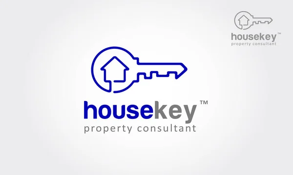 Ev Anahtar Vektörü Logo Şablonu. Beyaz arkaplanda vektör logosu tasarımı ögesi. Gayrimenkul, anahtar, ev ya da ev tek yönlü çizgiden yapılmış. Modern, basit ve temiz bir tasarım..