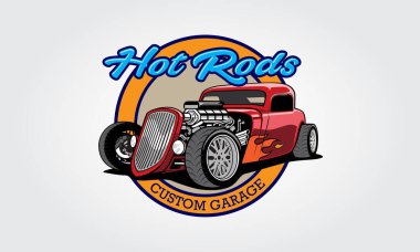 Hot Rods Özel Garaj Vektör Logo Şablonu. Hot rod resimli vektör logosu tasarımı.