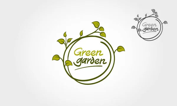 グリーンガーデンベクトルロゴイラスト 清潔で優れたロゴデザインコンセプト 装飾的な要素を持つ円を形成緑の葉 — ストックベクタ