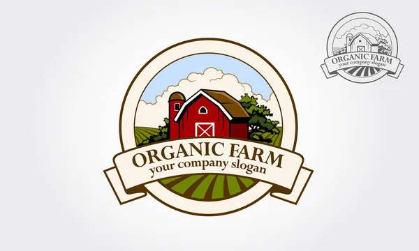 Organik Çiftlik Vektörü Logosu Çizimi. Kırmızı çiftlik ambarının çizgi film çizimi. İş ve ürün isimleri için uygun logo şablonu.