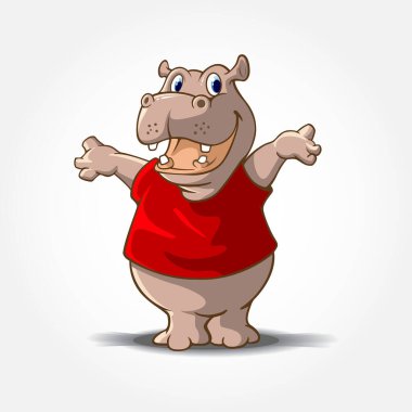 Hippopotamus Maskot Çizgi Filmi Karakteri. Bu kırmızı tişörtlü bir Hippo çizgi film hayvanı....