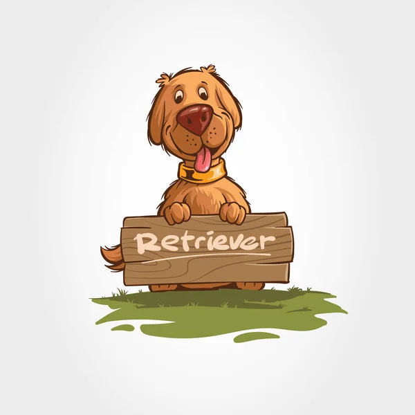 犬ベクトル漫画イラスト 犬のマスコット漫画のキャラクターが木の板で立っている — ストックベクタ