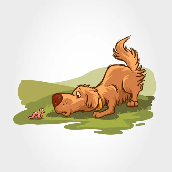 犬ベクトル漫画キャラクター 犬のマスコットイラストが野の虫と遊ぶ — ストックベクタ