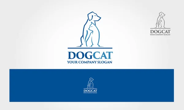 Köpek Kedi Vektör Logo Şablonu. Mavi renkli çizgi sembolleri. Vektör logo tarzı siluet, kedi ve köpekle birleşiyor. Evcil hayvan dükkanı, evcil hayvan evi, klinik, bakım ve diğer hayvan aktiviteleri için iyidir.. 