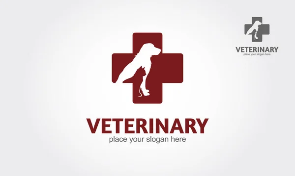 Veteriner Vektör Logo Şablonu. İzole edilmiş kırmızı veteriner haçı ve beyaz arka planda evcil hayvanlar..