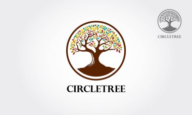 Çember Ağaç Vektörü Logo Şablonu. Bu stilize edilmiş renkli bir ağaç içeren minimalist modern bir logo. Tüm yaratıcı işler için bu logo tasarımı. Danışmanlık, mükemmel logo, basit ve benzersiz konsept.
