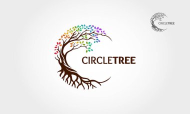 Çember Ağaç vektör logosu bu güzel ağaç yaşamın, güzelliğin, büyümenin, gücün ve sağlığın sembolüdür. Gökkuşağı ağacı biçimi.