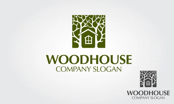 Wood House Vektör Logo Şablonu. Çevreyle ilgili işler için resimli bir çizgi film logosu. Zeki, çevreci, basit ve eşsiz bir kavram. Mülk, inşaat vs. için bu logo tasarımı.