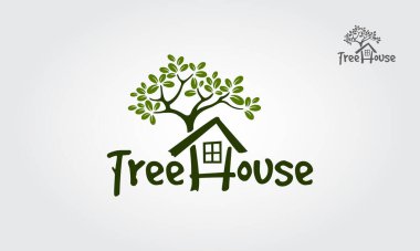 Çevreyle ilgili işler için Ağaç Evi illüstrasyon logosu. Web siteleri için harika ve tasarımı tüm medya için basım dostu. Beyaz arkaplanda tasarım.