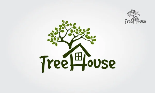 Çevreyle ilgili işler için Ağaç Evi illüstrasyon logosu. Web siteleri için harika ve tasarımı tüm medya için basım dostu. Beyaz arkaplanda tasarım.